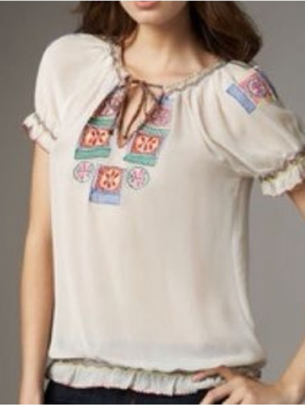 Boho Cream Embroidered Peasant Blouse with Tie Neck